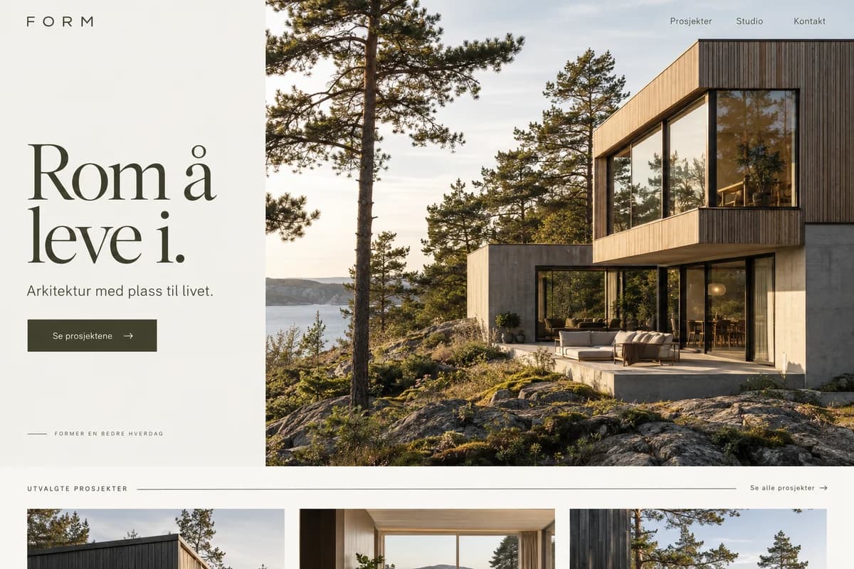 Designkonsept for arkitekt: dempet typografi og et stort fotografi av en bolig i skogen.