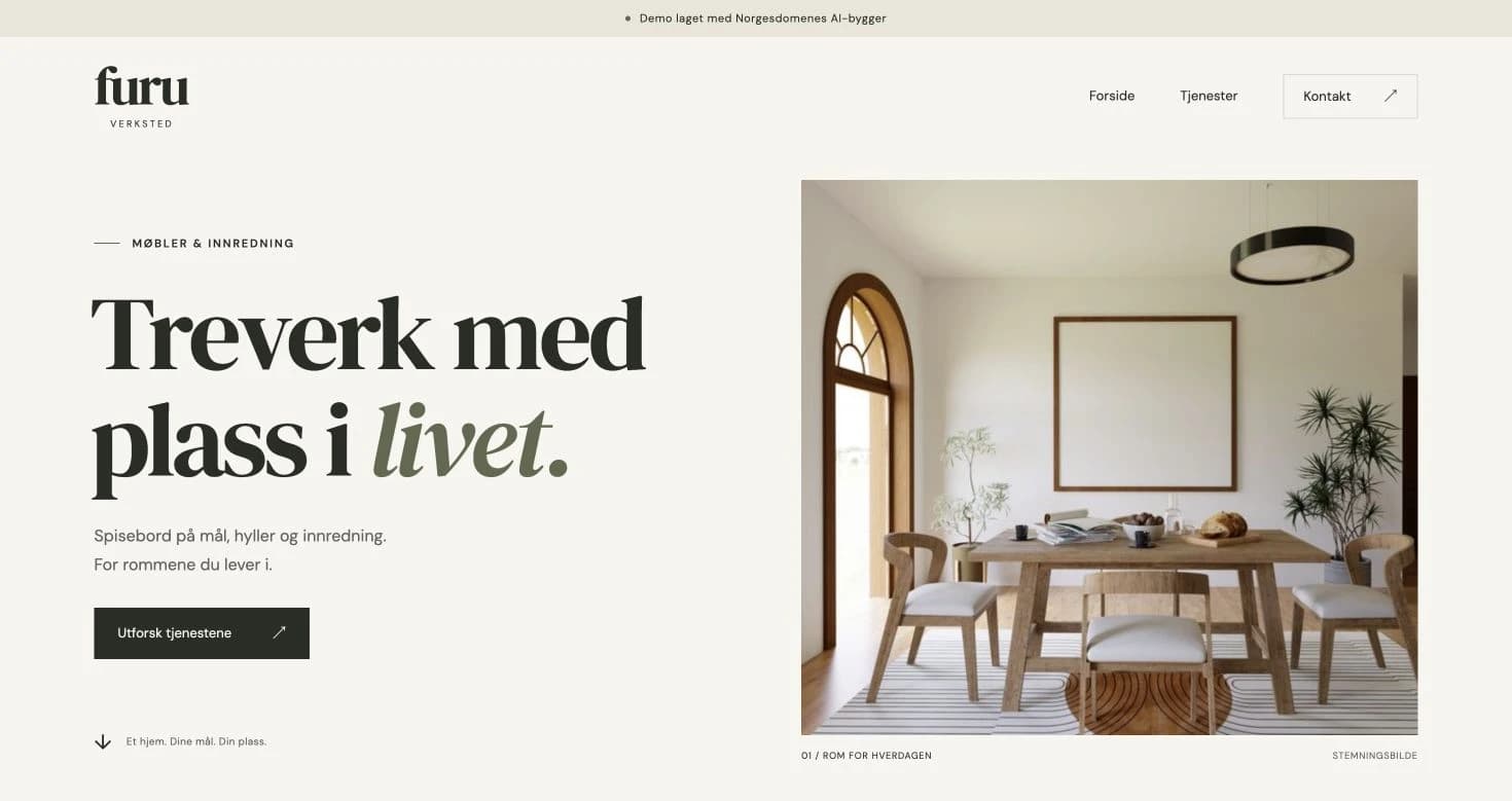 Nettside laget med AI-byggeren for demoen Furu Verksted, med møbler og håndverk som tema.