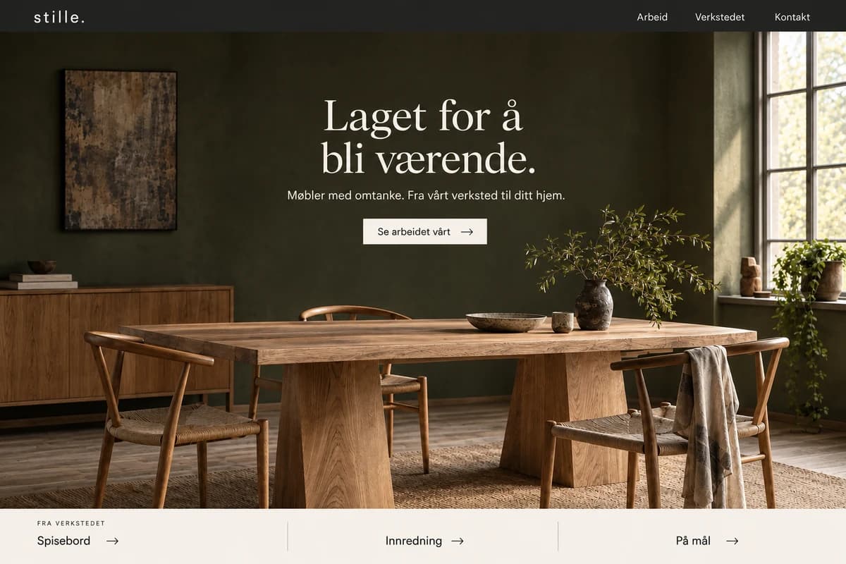 Designkonsept for møbelsnekker: midtstilt, lys typografi over et stemningsfullt fotografi av et håndlaget spisebord i eik.