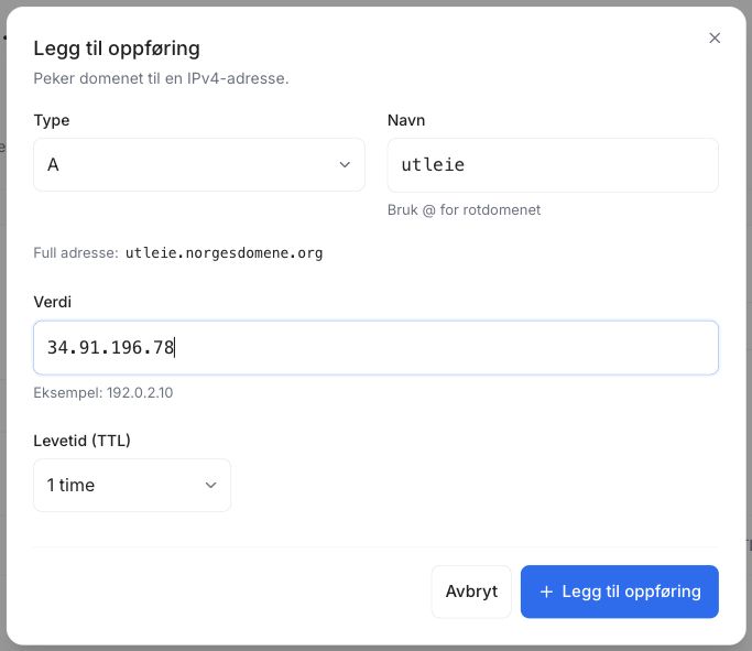 A-post for underdomenet utleie med verdien 34.91.196.78 og TTL 1 time i Norgesdomene-portalen.