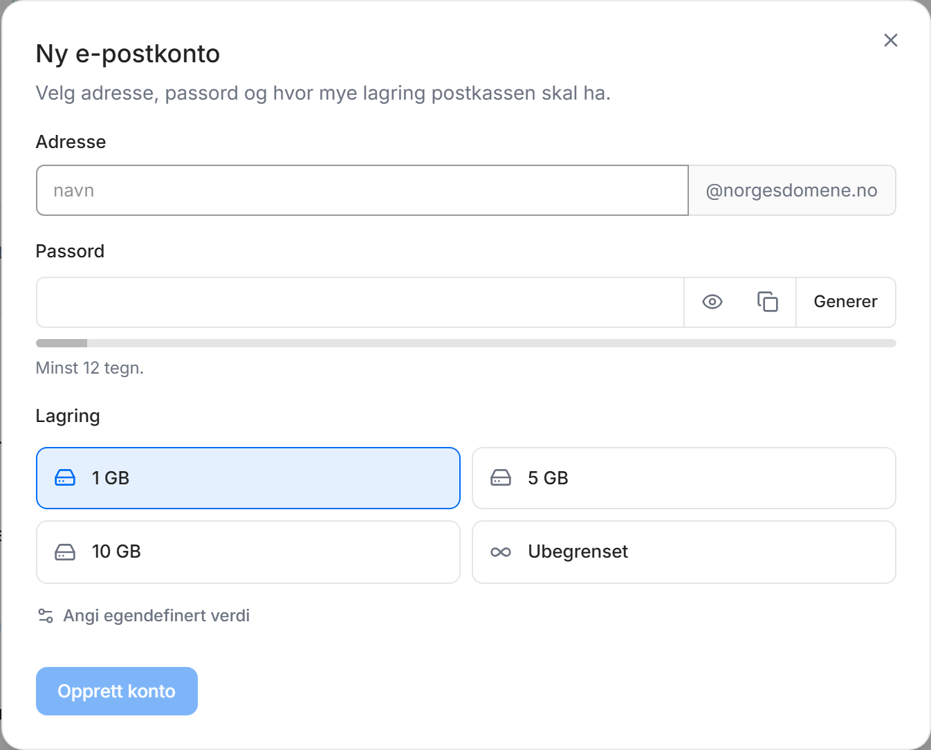 Dialogen «Ny e-postkonto» med felt for Adresse, Passord og valg av Lagring (1, 5, 10 GB eller Ubegrenset).